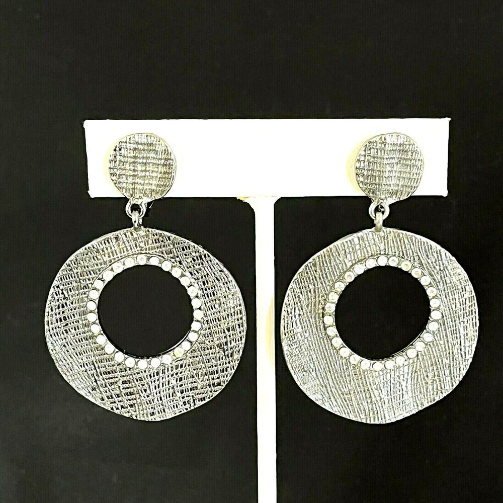 Vintage 1980s Catherine Stein Drop Earrings Textured Silver Tone Crystal - 6H